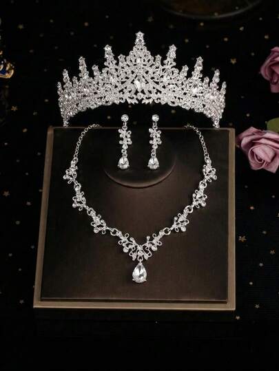 4pcs/Set Bridal Wedding Rhinestone Jewelry Luxury Silver Crown Necklace Earrings Set, Evening Party Hair Accessories