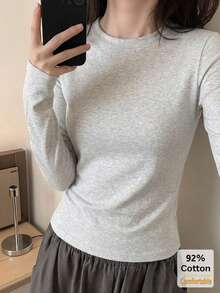 女款純棉長袖T恤，百搭秋冬灰色花卉上衣，修身純色內搭底層衫 - 花灰色 - 查看 1