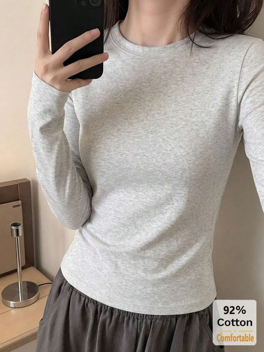 女款純棉長袖T恤,百搭秋冬灰色花卉上衣,修身純色內搭底層衫 - 花灰色 - 查看 1