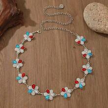 Y2K Sweet Bohemian Style Red Blue Transparent Three-Color Rhinestone Inlaid Four-Petal Lotus Waist Chain, Vintage Distressed Texture Antique Silver - Multicolor - View 3