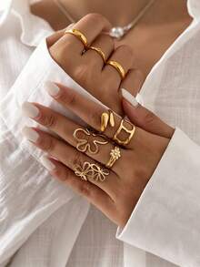 5pcs Stainless Steel 18K Gold Plated Summer Minimalist Chic Fashion Casual Style Geometric Gold Line Plumeria Oval Adjustable Open Ring Set, Suitable For Women's Daily, Holiday, Date, Vacation, Beach, Party Wear, Casual Jewelry Gift - Multicolor - View 2