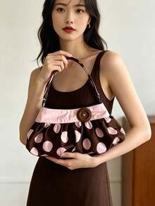 This Fashionable Chocolate-Colored Fabric Shoulder Bag Features Polka Dot Pattern, Pleated Design And Button Accents, Making It Perfect For Office Workers, Teachers, Students, Young Women And Fashionistas. It Is Suitable For Commuting, Shopping, Dating, Vacation, Wedding, Daily Outings And Weekend Short Trips. - Chocolate Brown - View 2