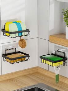 Drill-Free, Self-Adhesive Draining Storage Rack Suitable For Kitchen Sinks And Bathrooms. It Holds Cleaning Sponges, Cloths, And Soap, While Side Hooks Allow For Hanging Brushes And Peelers-Or Bathroom Items Like Hair Ties And Bath Poufs. - Black - View 11