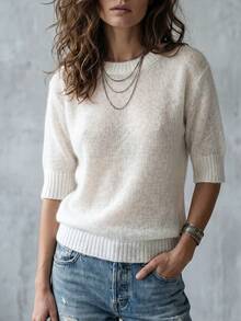 Women's Solid Color Round Neck Summer Soft Comfortable Minimalist Casual Fashion Versatile Knit Short Sleeve Top, Urban Style Daily Wear - White - View 1