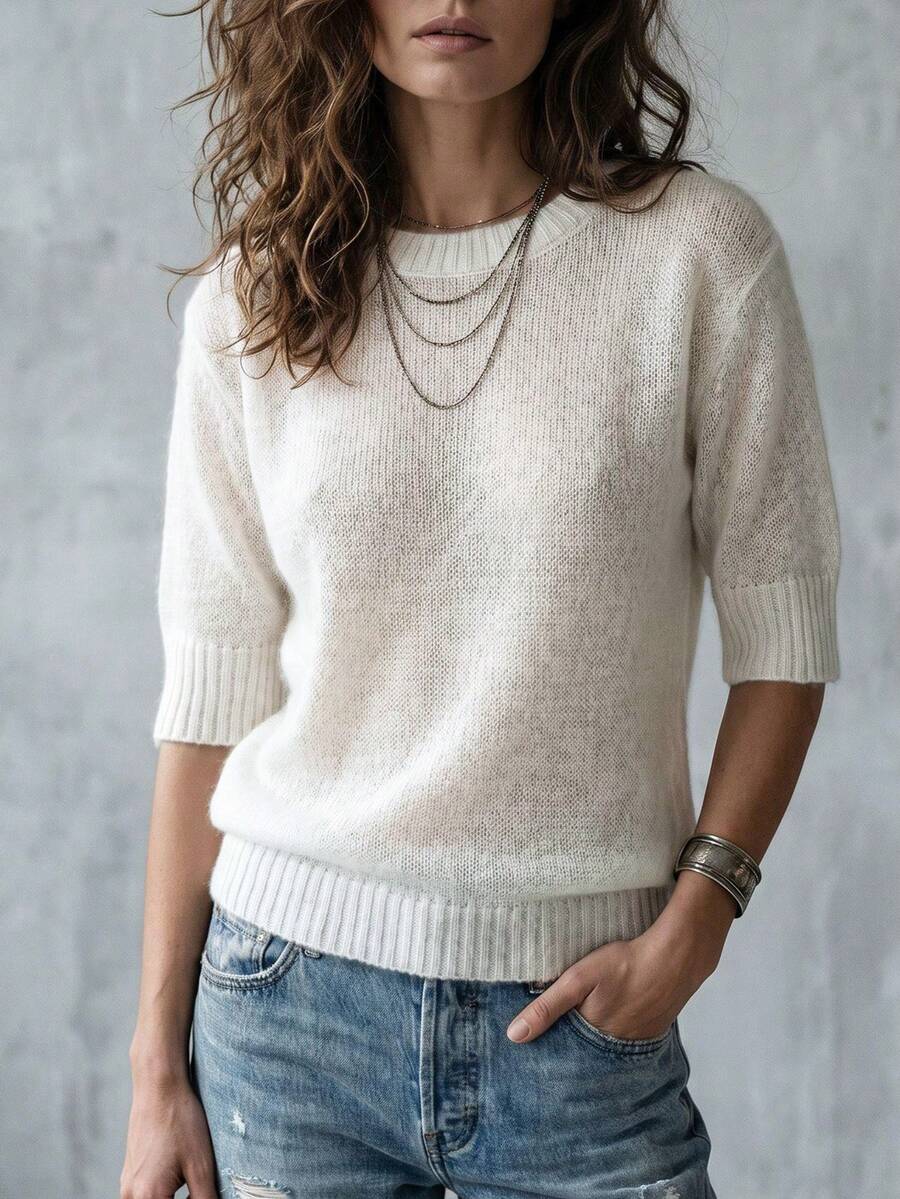 Women's Solid Color Round Neck Summer Soft Comfortable Minimalist Casual Fashion Versatile Knit Short Sleeve Top, Urban Style Daily Wear - White - View 1