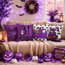 4pcs Halloween Throw Pillow Cover, Spooky Season, Polyester With Zipper, Machine Washable, Suitable For Living Room, Purple Witch Hat And Truck Cushions 17.72*17.72 Inches - Multicolor - View 6