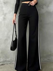 Women's Casual Elegant Black Straight-Leg Pants With Woven Belt, Essential Back-To-School Item, Asymmetric V-Waistline Accentuates Curves Summer - Black - View 1