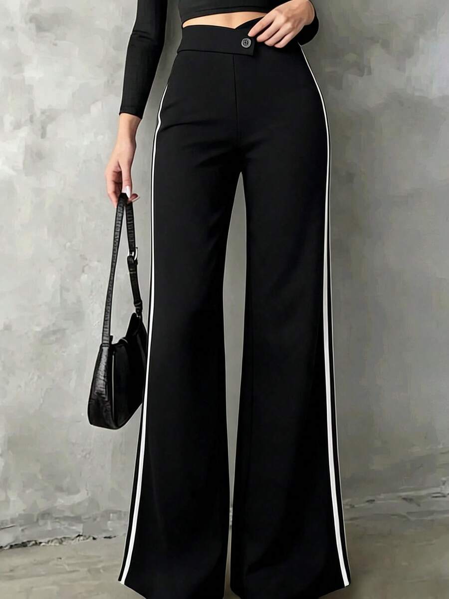 Women's Casual Elegant Black Straight-Leg Pants With Woven Belt, Essential Back-To-School Item, Asymmetric V-Waistline Accentuates Curves Summer - Black - View 1