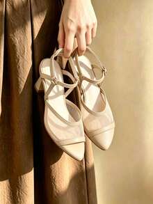 Beige Mesh Pointed Toe Chunky Heel Sandals, French Style Open Back Strap Shoes, Breathable Versatile Gentle Vibe High Heels For Commuting - Beige - View 1