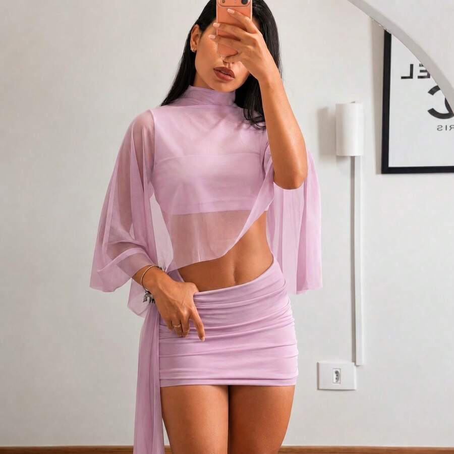 Elegant Women's Tulle Set • Flowing Sleeves + Shaping Short Skirt In Spandex • Party/Evening Look - 紫丁香 - 查看 1