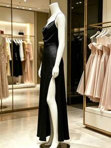 HOMEYEE Women's Fashion Solid Color Spaghetti Strap Elegant Satin Sleeveless High Slit Fitted A-Line Cocktail Dress Party Wedding Fall - Black - View 5
