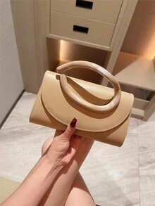 1件歐美時尚金屬裝飾迷你方盒手拿包，高端亮面金屬條紋女款手提包，優雅奢華正式禮服晚宴包，PU皮革派對包/浪漫婚禮手拿包/舞會包/雞尾酒會包，適合學校舞會，附金屬鏈條 - 杏色 - 查看 7