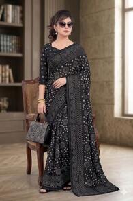 Estationeryhouse Bandhani Square Print Saree With Unstitched Blouse Piece - Black - View 1