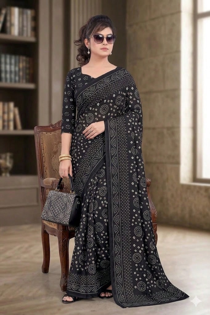 Estationeryhouse Bandhani Square Print Saree With Unstitched Blouse Piece - Black - View 1
