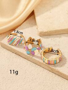 3 piezas Anillos delgados con flores glaseadas de colores macaron & rayas para mujeres, acero inoxidable chapado en oro de 18K, no se desvanece, estilo dulce & fresco femenino, apilables, versátiles para ir al trabajo & viajar, diseño de nicho, se pueden comprar individualmente, joyería de regalo - Multicolor - Ver 4