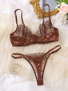 1 Set Of 2 Women's Coffee Colored Embroidered Floral Ultra Short Tops, Comfortable Home Style Underwear And Panties, Suitable For All Seasons - Coffee Brown - View 2