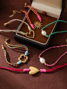 1pc Summer Woven Bracelet, Minimalist Bohemian Style, 18K Gold PVD Plated Stainless Steel Material, Waterproof And Fade-Resistant, Suitable For Wife And Mother To Wear, Easily Match With Girls' Daily Outfits, Beach Vacation, Party, Music Festival And Travel Occasions, Charming Women's Jewelry Woven Rope Bracelet, Small Accessory - Multicolor - View 7