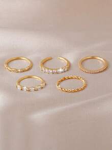 Juego de 5 anillos de circonita artificial incrustada, simple y versátil, apilable y combinable, adecuado para uso diario, citas, fiestas y reuniones de mujeres - Amarillo Oro - Ver 3