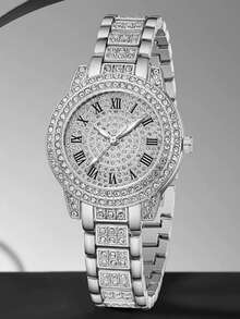 6pcs Women's Silver Luxury Watch Set, Roman Numeral Full Rhinestone Round Stainless Steel Band Silver Watch With Square Rhinestone Bracelet, Square Rhinestone Necklace, Rhinestone Earrings And Full Rhinestone Ring, Complete Set Of Exquisite Silver Jewelry For Hands And Neck, Suitable For Graduation, Birthday As A Light Luxury Gift For Women - Silver - View 5