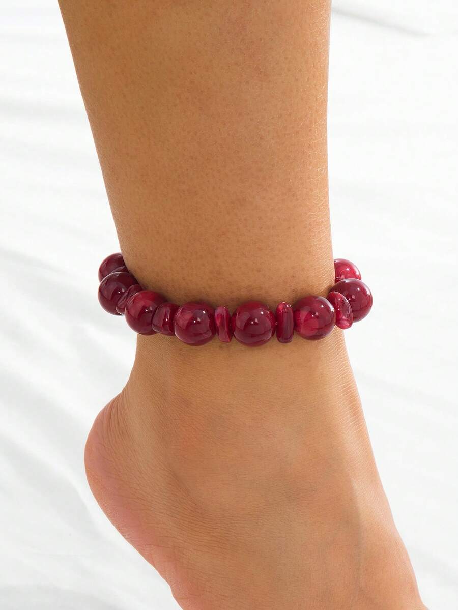 1 pieza Tobillera de cuentas de jade y ágata, estilo vintage minimalista geométrico, accesorio de pie para mujer, joyería casual versátil, regalo para vacaciones - Rojo - Ver 1