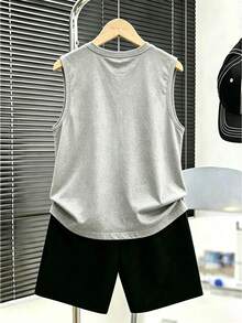 Summer Tween Boy 2Pcs Soccer Streetwear Set, Soccer Kick Player Silhouette Print Tank Top & Matching Soccer Graphic Casual Shorts For Teen Boys - Grey - View 2