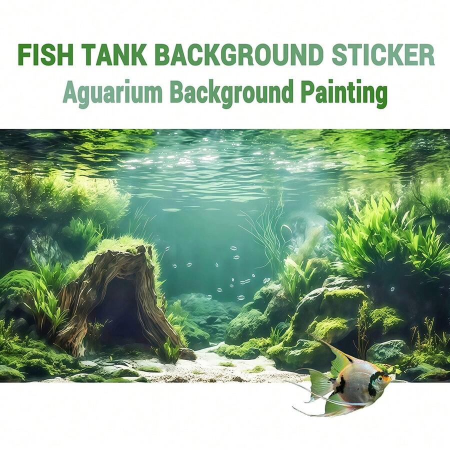 乾燥木材與水生植物魚缸背景貼紙，2D平面圖像，正面自黏式，魚缸裝飾飾品，景觀裝飾，爬寵缸背景貼紙