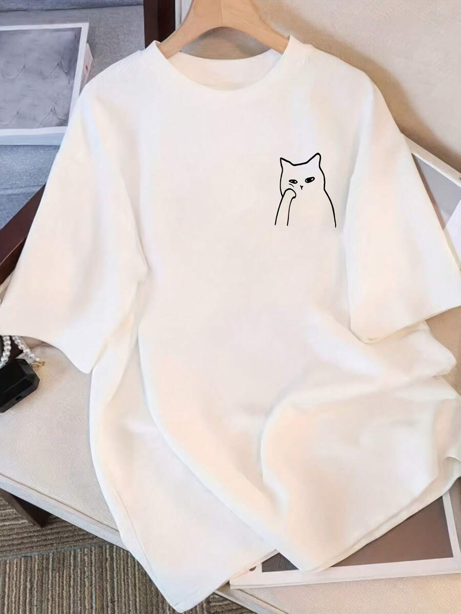 Women's T-Shirt Made Of Pure Cotton With A Unique Design Print, New Summer Style 2026, Loose Fit, Slimming Top For Female Students. - 白色 - 查看 1