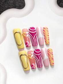 10pcs Fashion Handmade Press-On Nails, Polygel Nail Set, Yellow, Pink And Purple With White Flowers, Yellow, Pink, Purple Nail Polish, Cute Girl Style, Includes Nail Tools, 3 Sizes Available, Almond, Duck, Coffin Shape, Suitable For Party, Dancing, Daily Wear - 彩色 - 查看 14