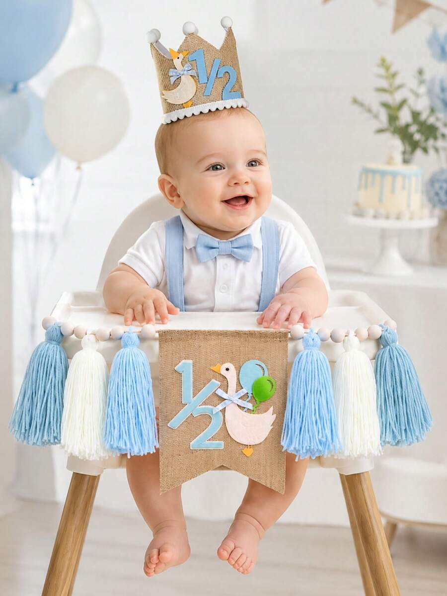 1set 1/2 Blue Half Birthday High Chair Banner Crown Set - Goose Half Birthday Party Decoration, Flower Lawn Party Photography Props, Six Month Boy Girl Birthday Decor, Sweet Cake Smash Photo Props, Wall Hanging Decor, Kids Bedroom Photo Props, Baby Photography Props, Bohemian Style Decor - Baby Blue - View 1