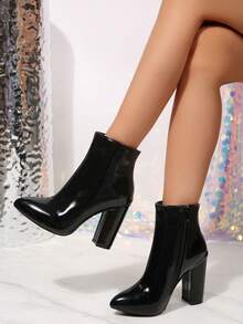 Pointed Toe, Patchwork Heel, Ankle Boots For Women. Side Zipper Design, PU Material. Elegant Ankle Boots Suitable For Evening Parties. - Black - View 1