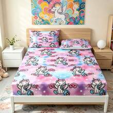 3pcs Princess Style Pink-Blue Gradient Unicorn Pattern Printed Bedding Set (1 Fitted Sheet + 2 Pillowcases, Pillow Inserts Not Included), 90g Soft Polyester Fiber Breathable Mattress Protector, Quick-Dry Water-Resistant Non-Fading, High Elasticity Non-Slip Washable Fitted Sheet Suitable For Apartment Dorm, Home Bedroom Decor - Multicolor - View 1