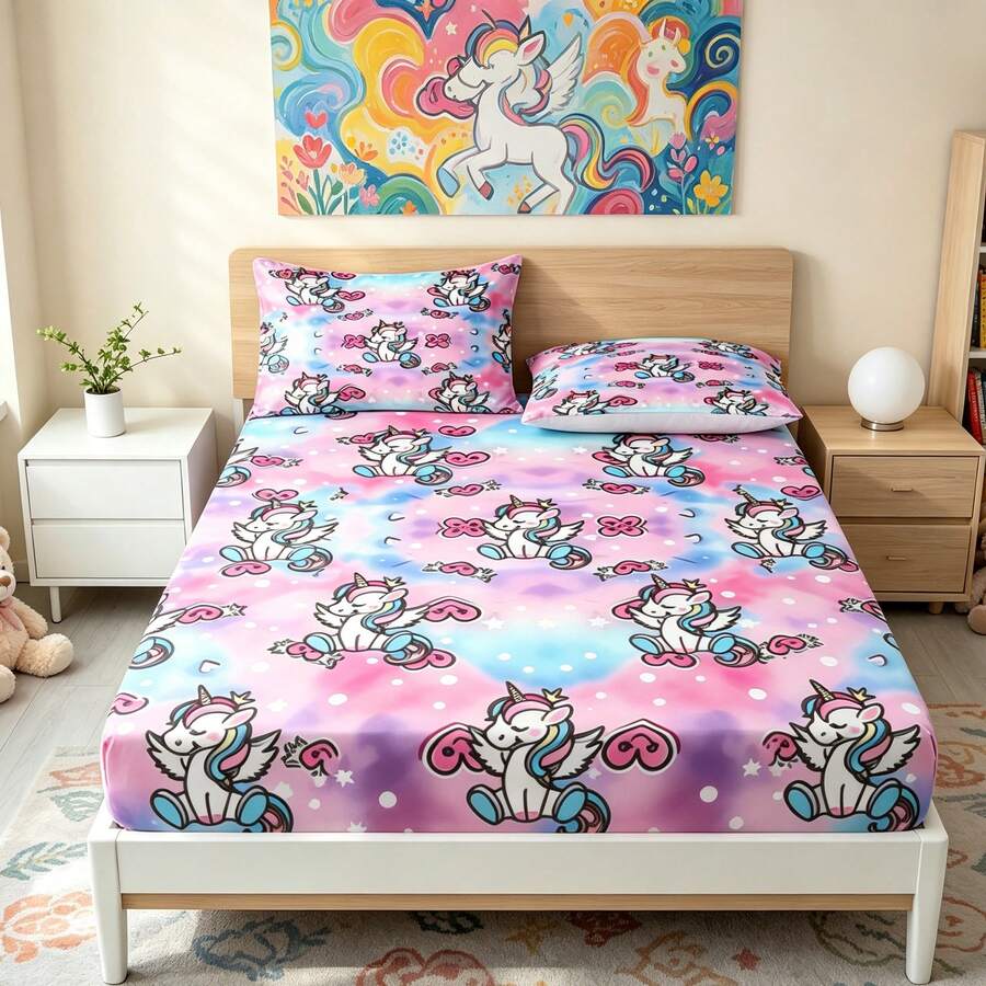 3pcs Princess Style Pink-Blue Gradient Unicorn Pattern Printed Bedding Set (1 Fitted Sheet + 2 Pillowcases, Pillow Inserts Not Included), 90g Soft Polyester Fiber Breathable Mattress Protector, Quick-Dry Water-Resistant Non-Fading, High Elasticity Non-Slip Washable Fitted Sheet Suitable For Apartment Dorm, Home Bedroom Decor - Multicolor - View 1