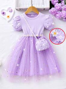 Girls' Summer Short Sleeve Purple Ribbed Splice Mesh Dress + Pearl Mini Handbag, Suitable For Birthday Party, Cocktail Dress - Mauve Purple - View 2