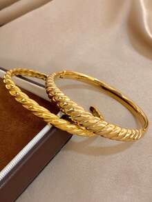 1Pc/Set Classic Gold Plated Textured Braided Open Stainless Steel Bangle Bracelet Set,For Women,Daily/Boho/Party/Wedding,Mom Gifts,Valentine Birthday - Multicolor - View 2