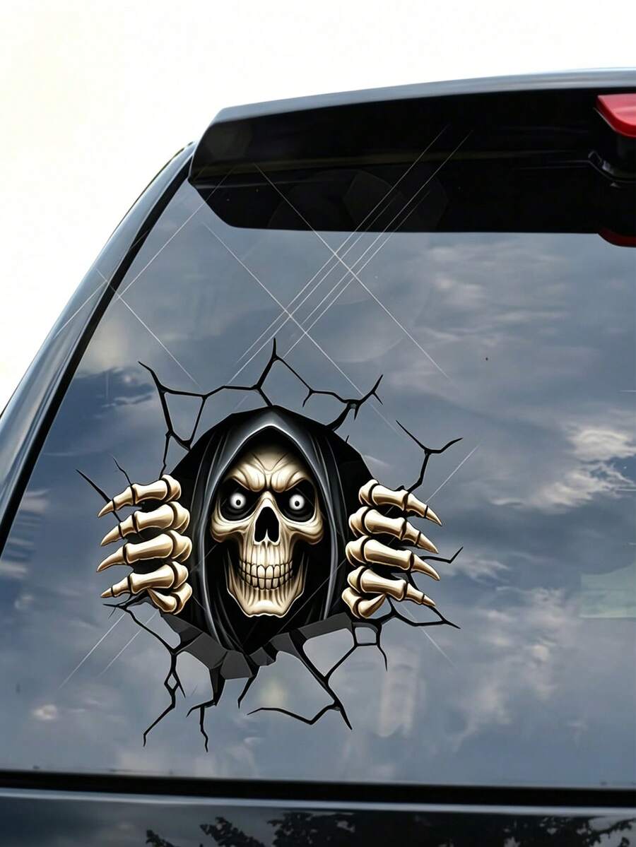 1pc 2D Horror Skull Car Sticker – Double-Sided "Peeking" Crack Wall Decal & Halloween Window Sticker; Asymmetric-Shaped Edge Decoration For Vehicles, Laptops, And Walls - View 1