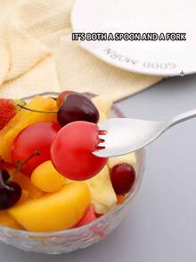 2/5pcs Long Handle Stainless Steel Spoon Fork Combo, 2-In-1 Fruit Salad Stirring Spoon, Canned Food Spoon - Silver - View 2