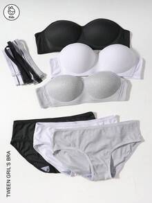 6pcs/Set Teen Girls Underwear Set - Wireless Lightly Lined Bras And Panties - Ribbed Stitching, Detachable Straps For Strapless Comfort. Simple Bra Set, Suitable For Young Girls. 3 Sets - Multicolor - View 3