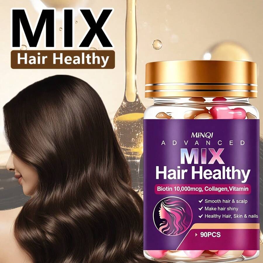 90粒 MIXHair 健康髮膠囊,富含 10,000mcg 鐵蛋白、膠原蛋白與維生素,使頭髮與頭皮柔順、增加彈性光澤,輕盈補水,適用於所有髮質 - 90PCS - 查看 1