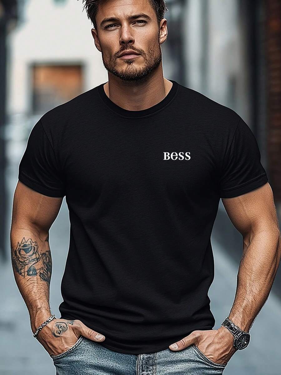 Men's Casual Short Sleeve T-Shirt With BESS Print On Left Chest, For All Seasons, Popular Item - 黑色 - 查看 1