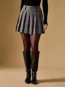 Falda plisada a cuadros de moda para mujer en otoño/invierno - Café integral - Ver 6