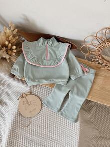 2Pcs/Set Baby Girl Soft Home Outfit, Lace Half-Zip Top And Bow Flare Pants Set - Green - View 8