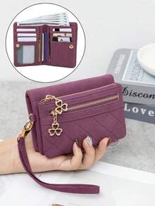 MIYIN Minimalist Vintage Rhombus Women's Wallet, Portable Snap Closure Short Wallet With Dual Zipper Coin Pocket, Card Slots, ID Window, And Wrist Strap - Multicolor - View 3
