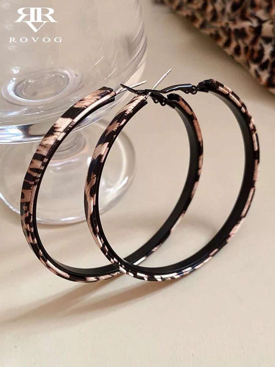 1 Pair French Vintage Casual Fashion Leopard Print Geometric Circle Design Personalized Elegant Elegant Suitable For Daily Commute And Party Women's Hoop Earrings