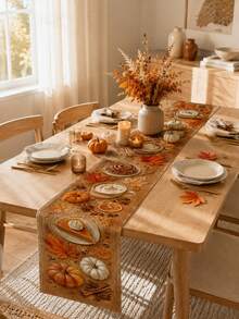 1pc-Autumn Linen Table Runner, Coffee Pumpkin Dessert Table Decor, Rustic Farmhouse Fall Dining Table Runner For Kitchen, Single-Sided Harvest Table Decoration, Thanksgiving Holiday Centerpiece Accent For Home Parties - Multicolor - View 1