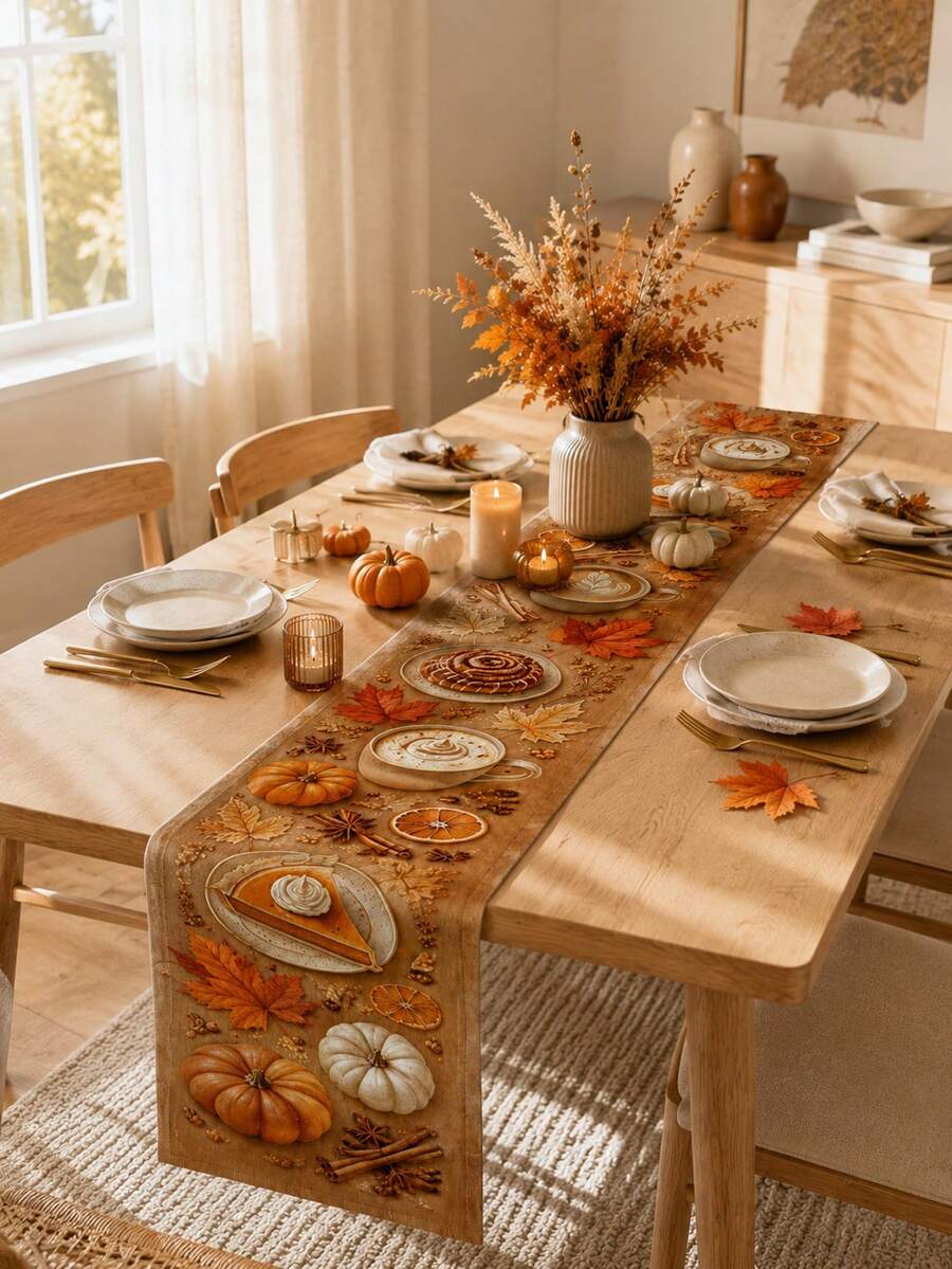 1pc-Autumn Linen Table Runner, Coffee Pumpkin Dessert Table Decor, Rustic Farmhouse Fall Dining Table Runner For Kitchen, Single-Sided Harvest Table Decoration, Thanksgiving Holiday Centerpiece Accent For Home Parties - Multicolor - View 1