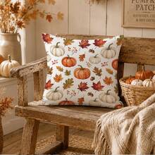 1pc Minimalist Autumn Pumpkin Maple Leaf Cushion Cover, Single-Sided Printed Peach Skin Velvet Polyester Material, 45*45CM/18*18inch Pillowcase Suitable For Room Decor, Modern Minimalist Sofa Living Room Decoration Gift - Multicolor - View 1