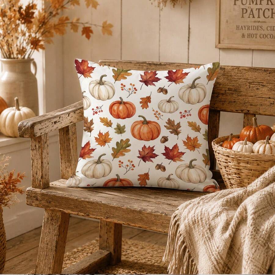 1pc Minimalist Autumn Pumpkin Maple Leaf Cushion Cover, Single-Sided Printed Peach Skin Velvet Polyester Material, 45*45CM/18*18inch Pillowcase Suitable For Room Decor, Modern Minimalist Sofa Living Room Decoration Gift - Multicolor - View 1