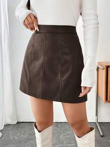 Happy Girl Casual Elegant PU Leather Mini Skirt, Versatile For Spring/Autumn, Casual, Fashion, Formal Events, Photoshoot, Tea Party, Airport Outfit - Brown - View 1