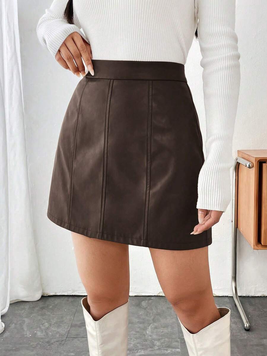 Happy Girl Casual Elegant PU Leather Mini Skirt, Versatile For Spring/Autumn, Casual, Fashion, Formal Events, Photoshoot, Tea Party, Airport Outfit - Brown - View 1