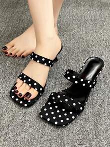 Women's High Heel Square Toe Summer New Polka Dot Fabric Slip-On Sandals Black Mid-Heel Woven Fabric Outdoor Slippers Elegant Minimalist Fashion Sandals - Black - View 4